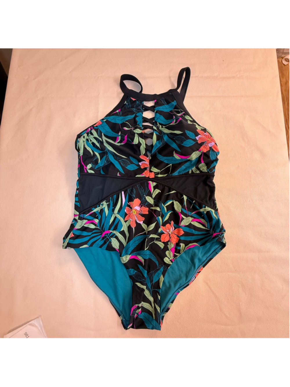 Women 1X 16W 18W Tropical Floral One Piece Swimsuit High Neck Mesh Cutout